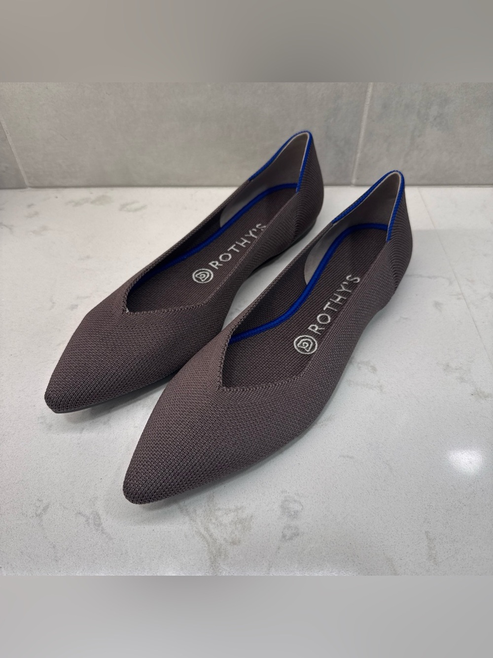 NEW Rothy's Pointed Knit Flats in Dark Brown/Plum with Blue Trim W8.5